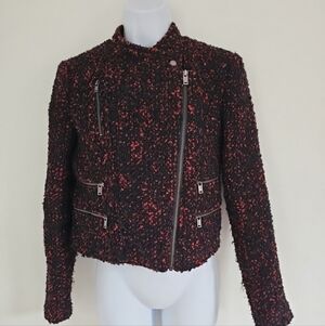 Banana Republic Women's Black & Red Tweed MOTO Jacket Petite 4 Zipper Mockneck